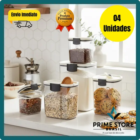 Kit 4 Potes Hermeticos Plastico Fechamento Seguro Armazenamento Conservacao
