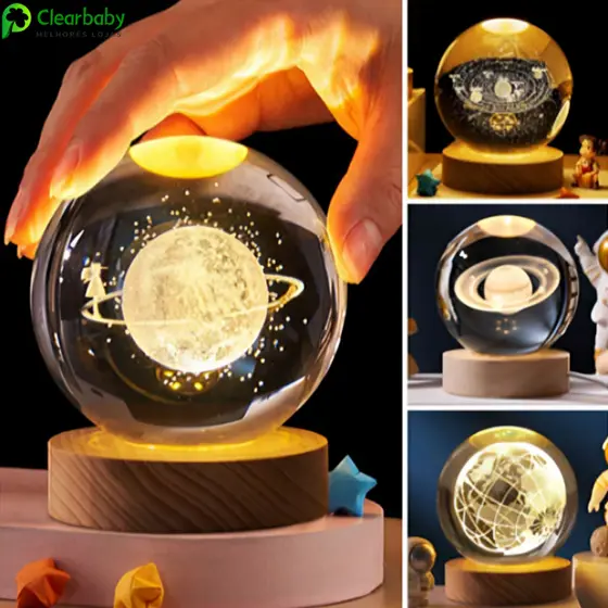 Luminária de Mesa LED em Cristal 3D  Padrões de Lua e Sistema Solar Luz Ambiente para Quarto Alimentação USB