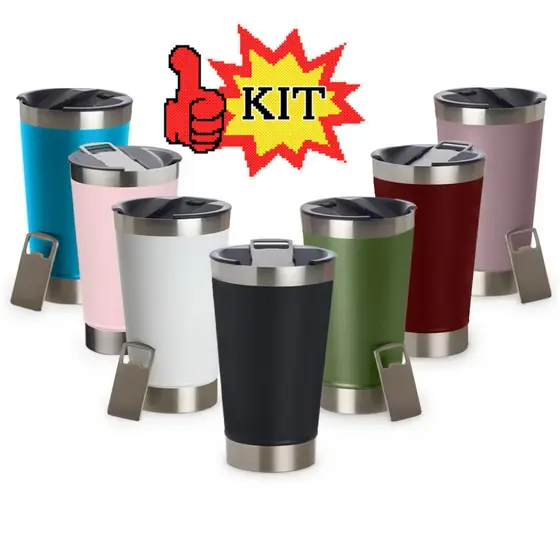 KIT 6/12/18 Copo Térmico de Cerveja OFERTA com Tampa Abridor 473ml - Conserva Gelado, Parede Dupla a Vácuo