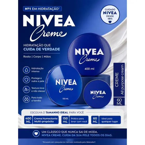 Creme Nivea Hidratante Tamanhos 400/60/150 ML Lata Azul Original