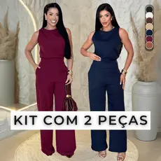 Kit 2 Conjunto Alfaiataria Feminino Calça Pantalona Blusa Regata Social Elegante