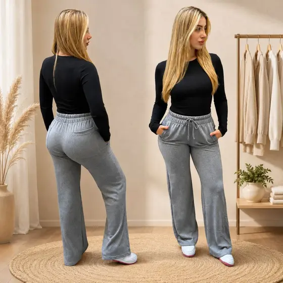 Calça Feminina Pantalona Casual Lanzinha com bolsos atrás e nas laterais, cintura alta com elástico
