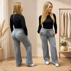 Calça Feminina Pantalona Casual Lanzinha com bolsos atrás e nas laterais, cintura alta com elástico