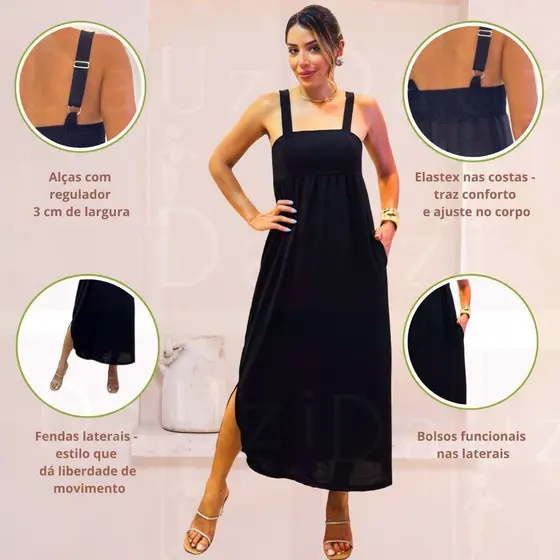 Vestido Verão Longo com fenda –Tecido Duna, Alça regulável, bolsos | Estiloso| Modelagem Confortável