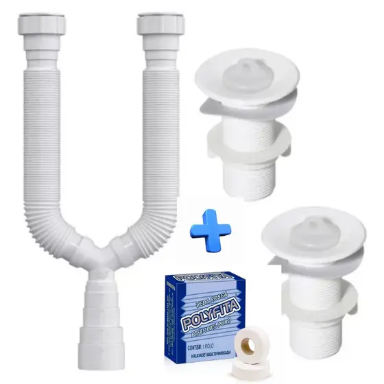 Sifão Sanfonado Duplo Branco + 2 Válvula Pia Lavatório e Tanque PVC Branca Kit Cifao Duplo Sifrao Lavabo