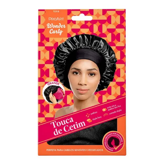 Touca Cetim Dupla Face Premium Grande Preta ProArt Cabelo Crespo Cacheado Ação Antifrizz