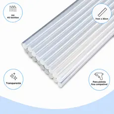 Refil Cola Quente Fina 7mm x 30cm Transparente Kit 40 Bastões para Pistola Artesanato