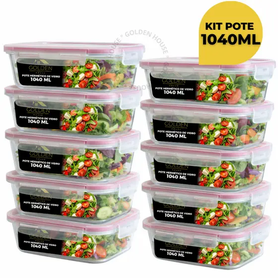Kit 3/5/10 Potes Vidro Hermético 1040ml Retangular Marmita Fitness Premium