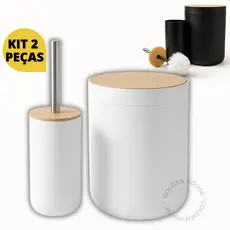 Kit 2 Peças Banheiro Lixeira C/ Tampa Escova Sanitaria Detalhes Em Bambu Premium