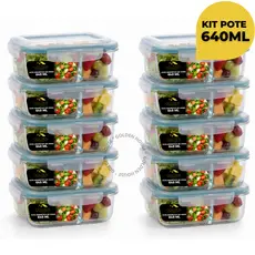 Kit 10 ou 5 Potes Herméticos 640ml Com Divisória Retangular Marmita Alimentos Fitness