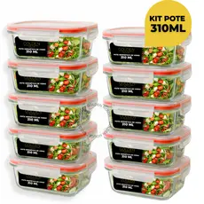 Kit 10 ou 5 Potes Vidro Hermético 310ml Quadrado Tampa 4 Travas Premium
