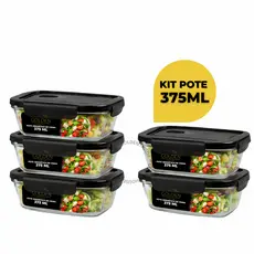 Kit 5 ou 10 Potes Vidro Hermético 375ml Retangular Marmita Premium Preto
