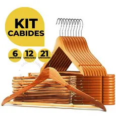 Kit 6/12/21 Cabides De Madeira Premium Marfim Para Roupas Calça Gancho Cromado