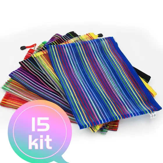 15 Unidades Estojo Multiuso Bolsinha Nylon Colorido Necessaire Promoção