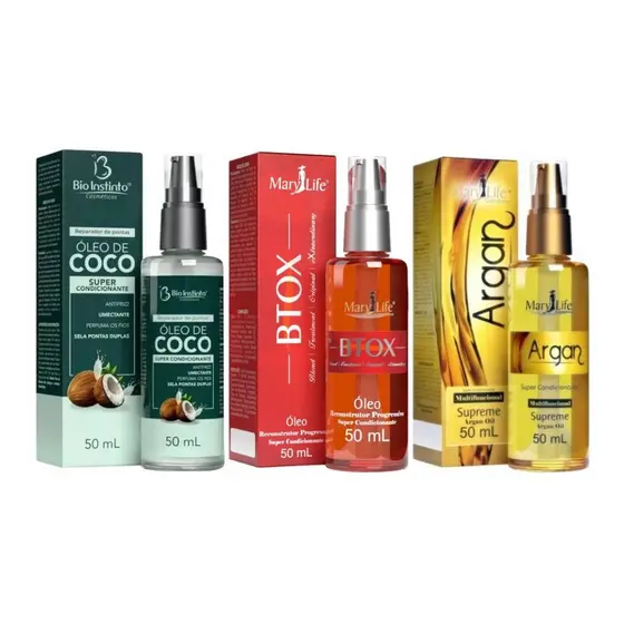 Kit 1 Óleo Reconstrutor Btox + 1 Óleo de Argan Multifuncional + 1 Óleo Reparador de Pontas Óleo de Coco Bio Instinto