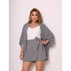 Conjunto de 2 peças Kimono para Férias de Primavera/Praia: Camisa de Manga 3/4 Listrada e Shorts