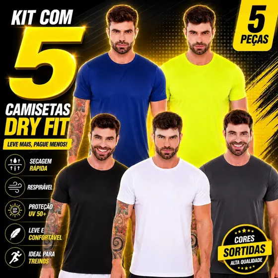 Kit Com 5 Camisetas Dry Fit Masculina Com Treino Proteção UV Treino Esportiva