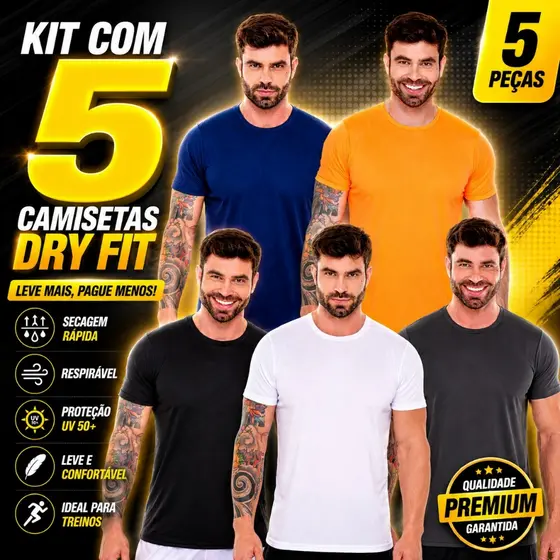 Kit 5 Camisetas Dry Fit Masculina Com Treino Proteção UV 50+ Secagem Rápida.