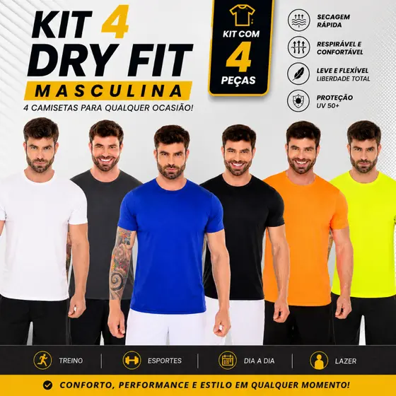 Kit 4 Camisetas Dry Fit Masculino Treino Com Proteção Uv