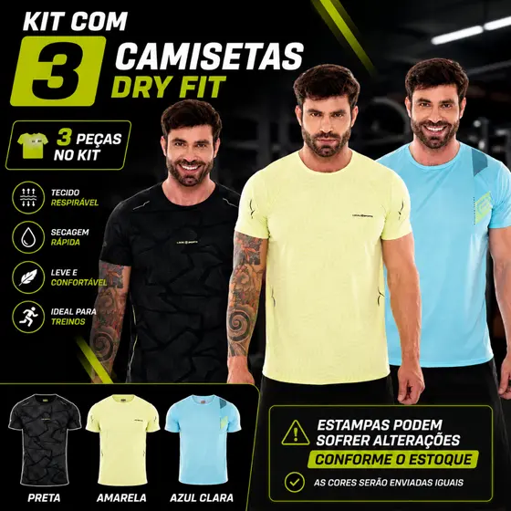 Kit Com 3 Camisetas Dry Fit Masculina Adulto Estampada Secagem Rápida.