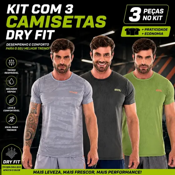Kit Com 3 Camisetas Dry fit Ultra Leve Masculina Secagem Rápida.