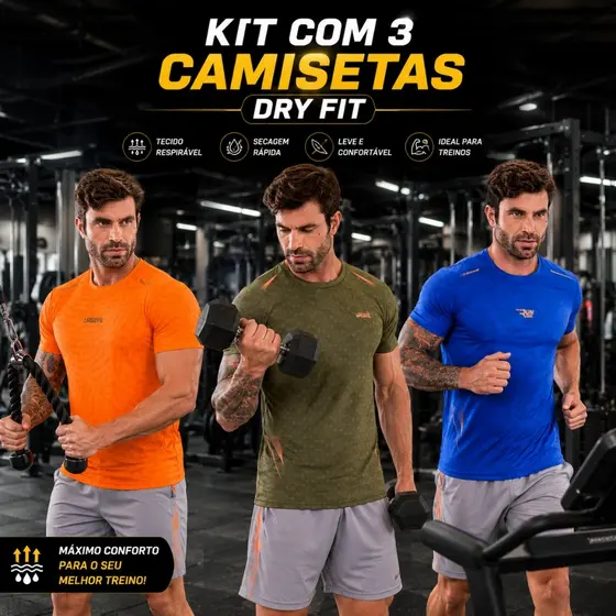 Kit Com 3 Camisetas Masculina Dry Fit Leve Sem Cheiro Secagem Rápida Tecido Respiravel.