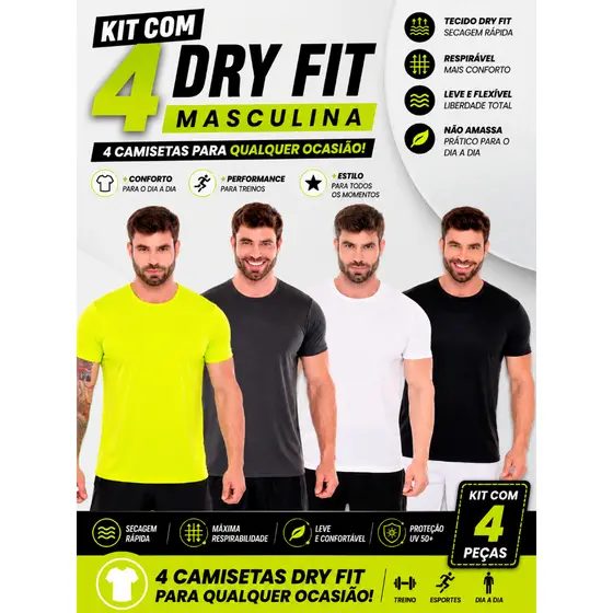 Kit 4 Camisetas Dry Fit Masculino Treino Com Proteção Uv 50+ Respirável