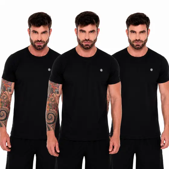 Kit 3 Camisetas Preta Masculino  Dry Fit Respirável Academia e Treino Com Proteção UV