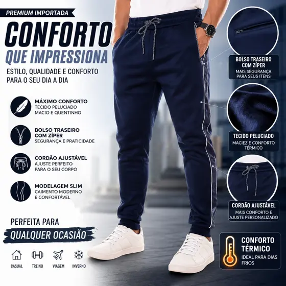 Calça Moletom Masculina Importada Premium Pelúcida com Cordão Ajustável Bolso Traseiro com Ziper
