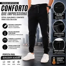 Calça Moletom Pesada Masculina Premium Peluciada Importada com Bolso Zíper e Cordão Ajustável