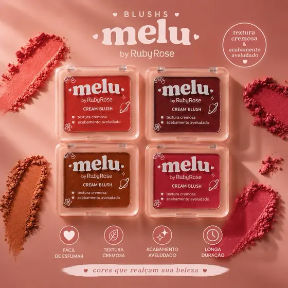 Blush Cremoso Melu Ruby Rose com Textura Cremosa e Acabamento Aveludado