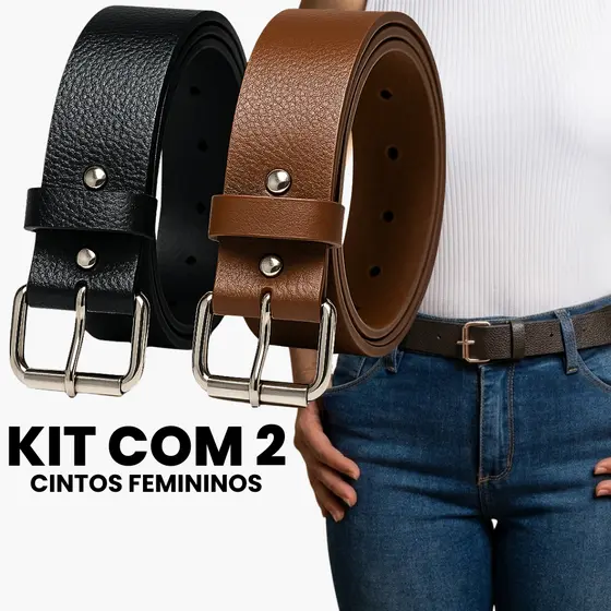 Kit 2 Cintos Femininos Fino Couro Sintético Preto Caramelo Branco Café Ajustável Elegante