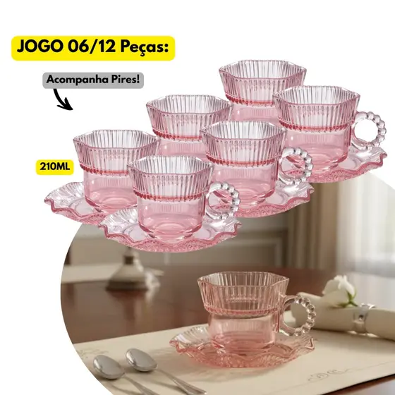 Jogo Kit 06/12 Xícaras Vidro Rosa C/ Pires 210ML Borda Ondulada Café Chá Leite Luxo Decoração