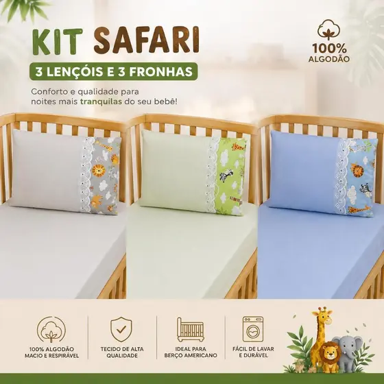 KIT 3 JOGOS DE LENÇOL PARA BERÇO AMERICANO 100% ALGODÃO SAFARI MENINO