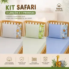 KIT 3 JOGOS DE LENÇOL PARA BERÇO AMERICANO 100% ALGODÃO SAFARI MENINO