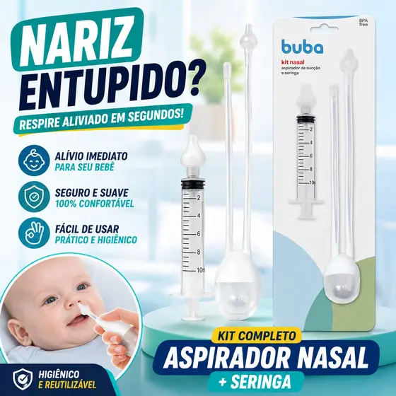 Aspirador Nasal Bebê Kit Sucção Seringa 10ml Silicone Compartimento Higiênico Infantil Buba