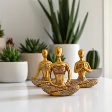 Kit Com 3 Estátuas Enfeite Decorativo Meditação Posições De Yoga Ioga Buda 6cm + Bandeja Espelhada
