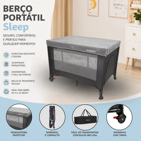 Berço Portátil Infantil Cercado Desmontável Com Mosquiteiro Sleep Cinza Kababy