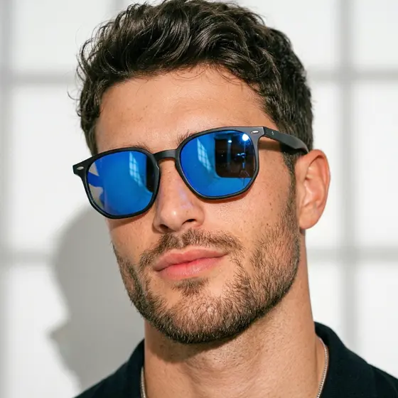 Óculos de Sol Tulum Azul Espelhado Armação Preto Degradê Hexagonal Premium uv400 Feminino Masculino