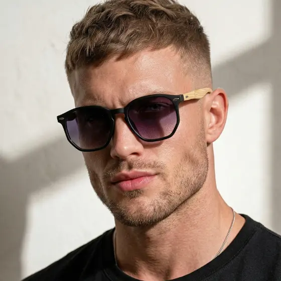 Oculos de Sol Preto Degrade Bambu Premium Hexagonal Original Classico uv400 Masculino Feminino