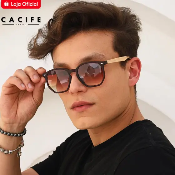 Oculos de Sol Hexagonal Marrom Degrade Bambu Premium Original uv400 Masculino Feminino