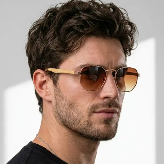 Óculos de Sol Hexagonal Marrom Degrade Premium Bambu Classico Tendencia uv400 Masculino Feminino