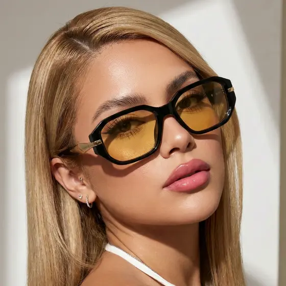 Óculos de Sol Retangular Premium Preto e Amarelo Tendencia Retro Vintage Feminino Uv400