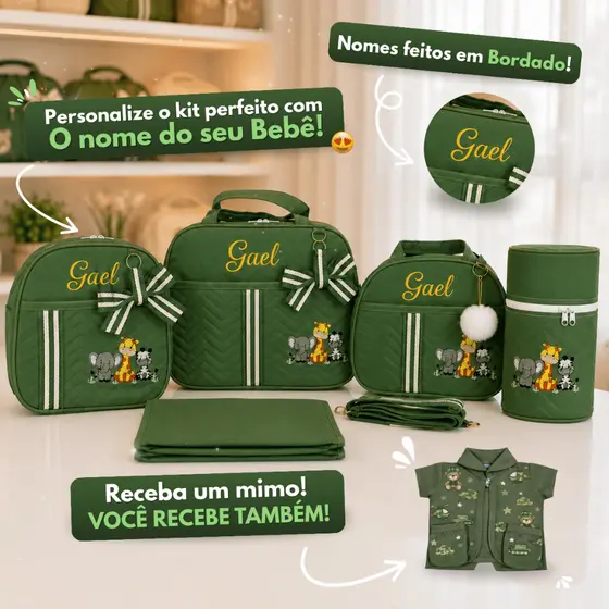 Kit de Bolsa Maternidade com Nome Personalizado com Animais Safári completo com 5 peças
