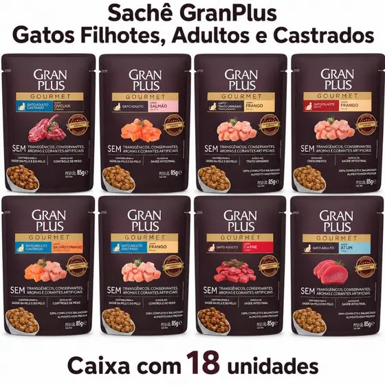 Ração Úmida Gatos Castrados Salmão Frango GranPlus 18 Sachês