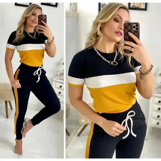 Conjunto Femenino Blusa Manga Curta + Calça Jogger DIVERSAS CORES P AO G2