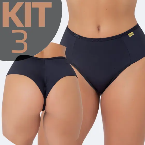 KIT3 Calcinha Cinta Cós Alto Fio Duplo Cintura Alta Lisa Conforto Pala Larga