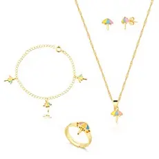 Kit Conjunto Infantil Guarda Sol com Colar, Pingente, Brinco, Pulseira e Anel Regulável Banhado a Ouro 18k