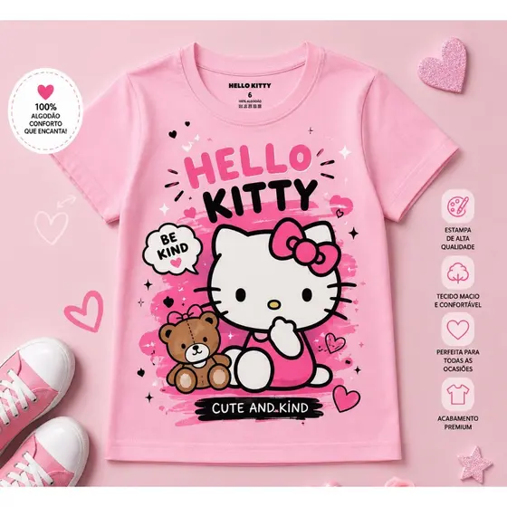 Camiseta Hello Kitty CUTE Infantil Juvenil Blusa em Algodão Tecido Premium