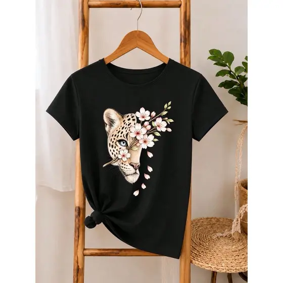 Camiseta Feminina 100% Algodão Estampa Onça Floral Delicada Casual Manga Curta Gola Redonda